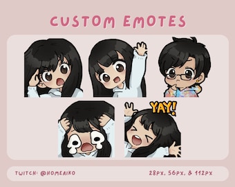 May include: Set of five custom animated emotes featuring a cartoon character with black hair and a white shirt. The emotes show different expressions, including surprised, crying, and excited. The text "YAY!" appears in one of the emotes. The text "TWITCH: @HOMEAIKO" and "28PX, 56PX, & 112PX" appear at the bottom of the image.