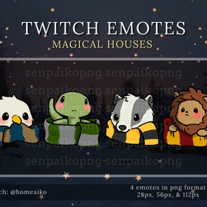 Può includere: Quattro emoji di animali dei cartoni animati in formato PNG, ognuno con una sciarpa nei colori di una diversa casa di Hogwarts. Gli emoji sono un uccello bianco, una tartaruga verde, un tasso grigio e un leone marrone. Il testo "Twitch Emotes Magical Houses" è nella parte superiore dell'immagine.