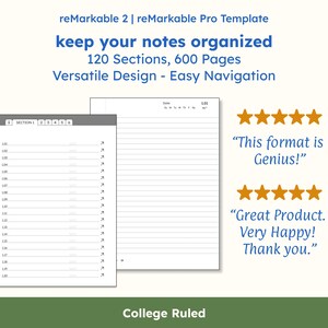 reMarkable Template - College Ruled - Hyperlinked Notebook with Sections - Great for Meetings, Classes, Journal, Notes & Recipes