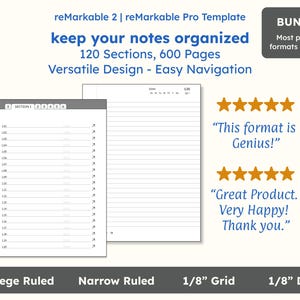 Op de afbeelding: Een digitale notitieboek sjabloon voor de reMarkable 2 en reMarkable Pro tablets. De sjabloon heeft 120 secties en 600 pagina's, met een veelzijdig ontwerp en eenvoudige navigatie. De afbeelding toont een voorbeeldpagina met college-regel lijnen. De tekst "This format is Genius!" en "Great Product. Very Happy! Thank you." wordt weergegeven in de afbeelding.
