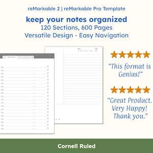 reMarkable Template - Cornell Ruled - Hyperlinked Notebook with Sections - Great for Meetings, Classes, Journal, Notes & Recipes