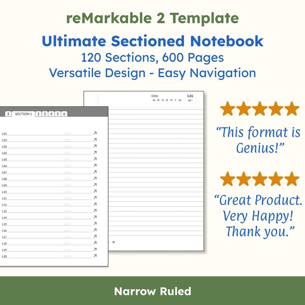 Ultimate Sectioned Notebook. Narrow Ruled Version. 120 sections, 600 hyperlinked pages. Versatile, Minimalist, reMarkable 2 PDF Template.