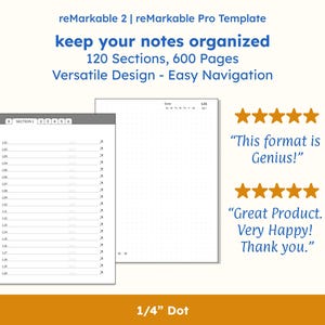 reMarkable テンプレート - 1/4 インチ ドット - セクション付きハイパーリンク ノートブック - 会議、授業、日記、メモ、レシピに最適