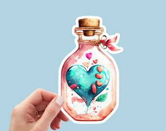 Pegatina de botella con forma de corazón para San Valentín con efecto acuarela, hecha a mano, resistente al agua y apta para lavavajillas, para regalo, agenda y portátil