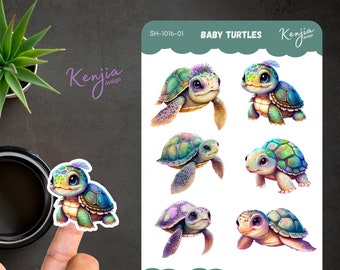Baby Turtle Sticker Sheet, Handmade cute Vinyl Sticker for gift, planner, book and laptop stickers