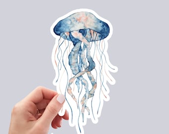 Bonita pegatina de medusa hecha a mano con efecto acuarela, vinilo resistente al agua y apto para lavavajillas, ideal para regalar, para agendas, libros y ordenadores portátiles.