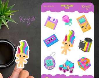 Nostalgic 90's Retro Sticker Sheet, Handmade cute Vinyl Sticker for gift, planner, book and laptop stickers