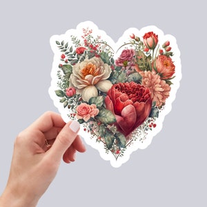 Beau sticker vintage floral coeur, imperméable et lavable au lave-vaisselle fait main mignon autocollant en vinyle pour cadeau, agenda, livre et ordinateur portable