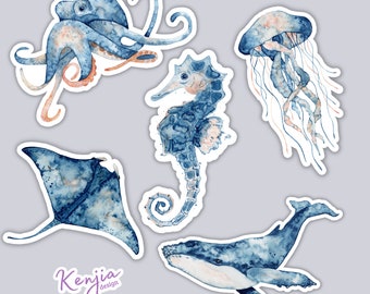 5 pcs Sticker Pack Underwater Creatures, Waterproof and Dishwasher Safe Handmade cute Vinyl Sticker for gift, planner, book and laptop