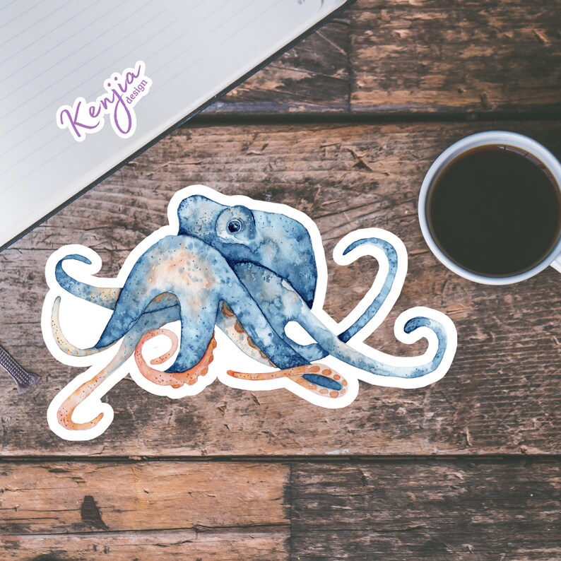 May include: A watercolor illustration of a blue octopus with orange tentacles. The octopus is curled up on a wooden surface.