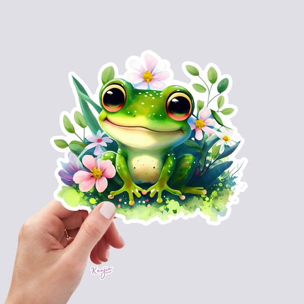 Cute handmade Happy Frog Sticker in Vinyl, watercolor effect, for gift, Waterproof and Dishwasher Safe for planner, book, laptop stickers