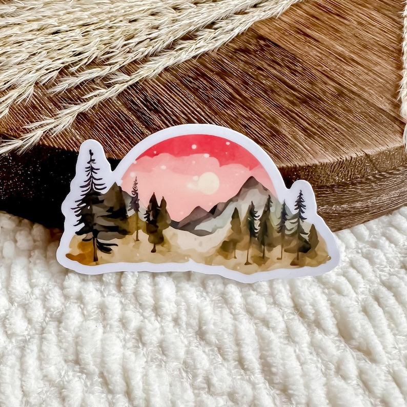 Mountain Sticker / Nature Stickers / Landscape Waterproof Vinyl Stickers / Pine Tree Forest Lover / Wildlife Gifts Laptop Stickers image 1