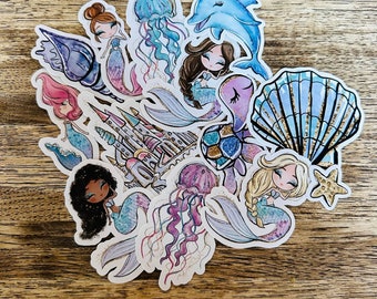 14 pcs Sticker Pack Mermaid, Jellyfish, Dolpin, Handmade cute Vinyl Stickers for gift, planner, book, laptop