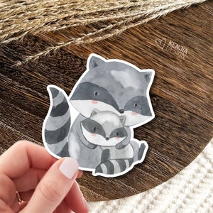 Stickers forêt bébé raton laveur avec maman / Stickers animaux mignons aquarelle forêt cadeaux baby shower / Verdure forêt garçon
