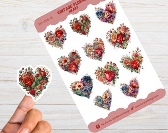 Beautiful Vintage Floral Heart Sticker Sheet, Handmade cute Vinyl Sticker for gift, planner, book and laptop stickers