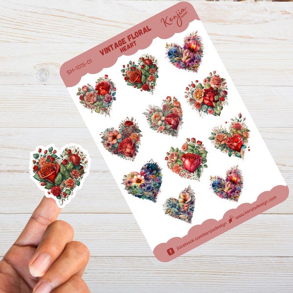 Beautiful Vintage Floral Heart Sticker Sheet, Handmade cute Vinyl Sticker for gift, planner, book and laptop stickers