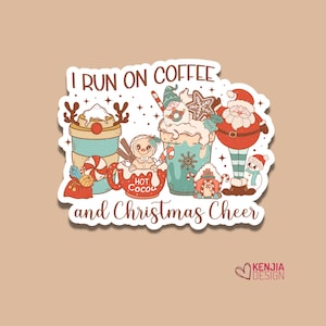 Cute Funny I Run on Coffee et Christmas Cheers Stickers and Magnets | Waterproof Sticker for Planner Laptop Water Bottle Fridge Magnet