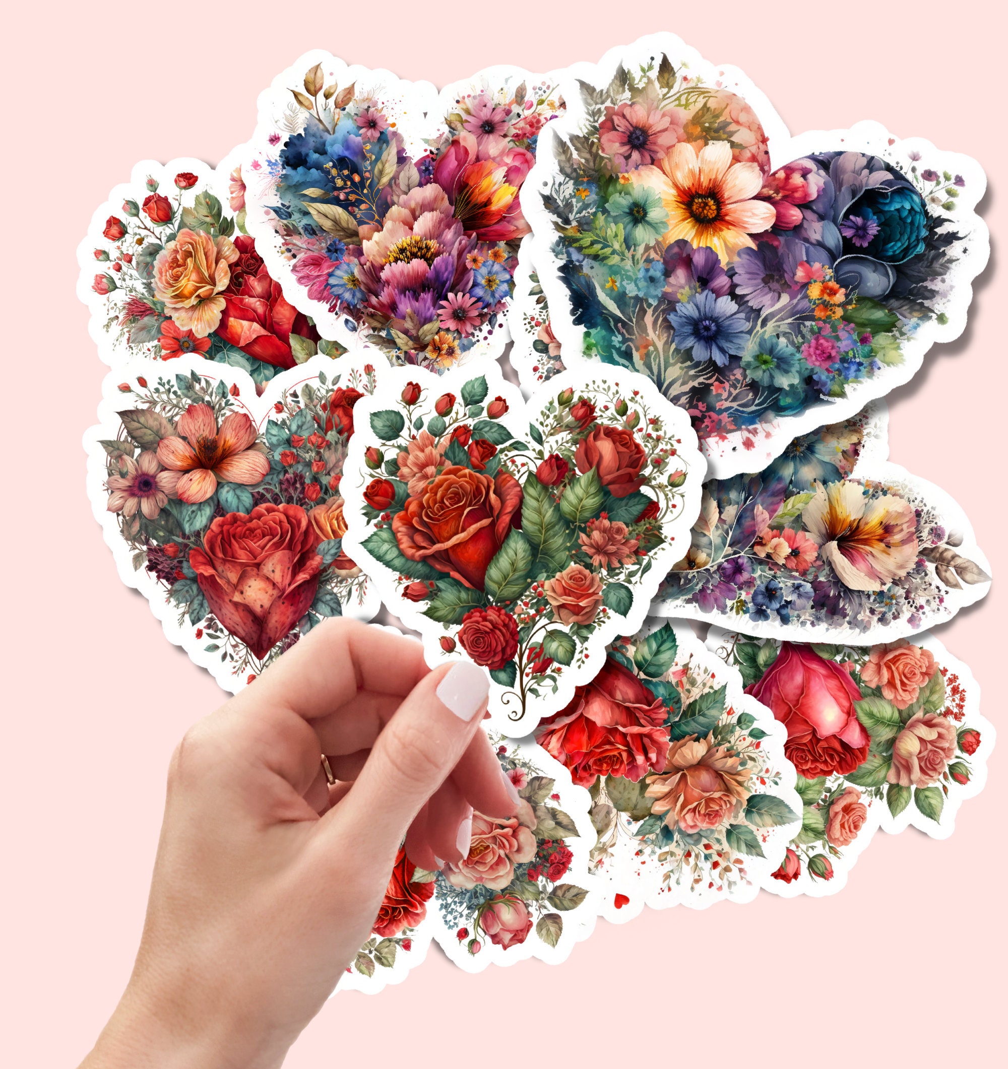 10 pcs Beautiful Vintage Floral Heart Sticker Pack, Handmade cute Vinyl Sticker gift, planner, book, laptop