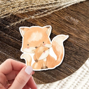 Stickers forêt bébé renard avec maman Stickers animaux / Forêt aquarelle mignon cadeaux pour baby shower / Verdure forêt garçon