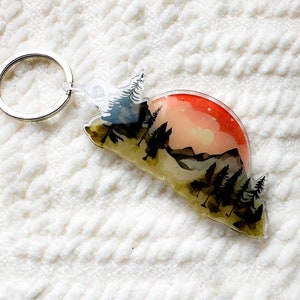Cute Lanscape Mountains Acrylic Keychain Charm, watercolor effect, gift, Backpack Keychain, Funny Keychain, Car Keychain