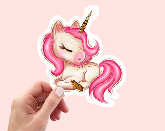 Pegatina de unicornio rosa, unicornio durmiendo, impermeable y apta para lavavajillas. Pegatina de vinilo linda hecha a mano para regalo, agenda, libro y computadora portátil.