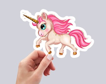 Pegatina de unicornio linda, unicornio rosa, impermeable y apta para lavavajillas. Pegatina de vinilo linda hecha a mano para regalo, agenda, libro y computadora portátil.