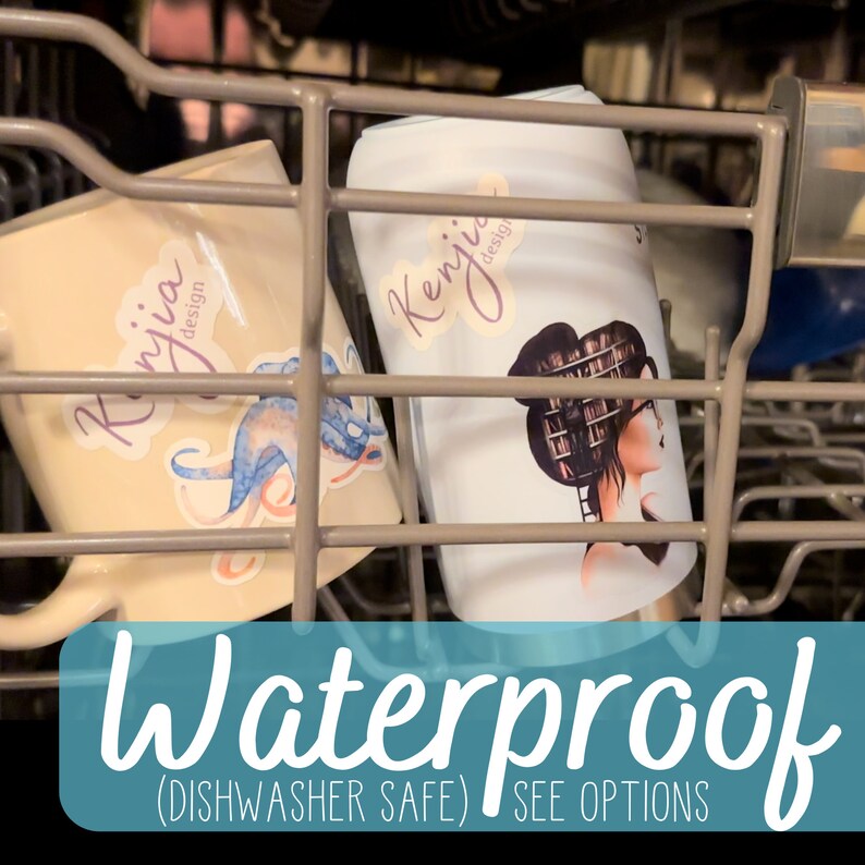 May include: Two white mugs with custom designs are in a dishwasher. The mugs are dishwasher safe and waterproof. The text on the mugs reads "Kenji design" and "Ryjia design".