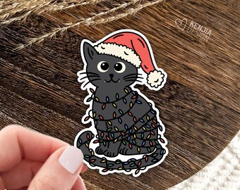 Christmas Cat Stickers / Black Cat Lovers Gifts / Cute Kitty / Water Bottle Stickers / Laptop & Kindle Stickers