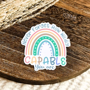 Op de afbeelding: Een kleurrijke sticker met een regenboogontwerp en de tekst "Never Forget How Wildly CAPABLE You are." De sticker heeft pastelkleuren, waaronder roze, oranje, groen en blauw. De sticker ligt op een houten oppervlak.