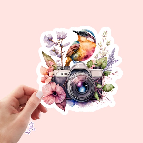 Floral Camera with Bird Watercolor Sticker and Magnet, Waterproof Handmade cute Vinyl Stickers for gift, planner, book and laptop