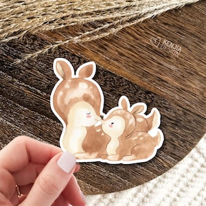 Stickers forêt bébé cerf avec maman Stickers animaux / Forêt aquarelle mignonne cadeaux pour baby shower / Verdure forêt garçon