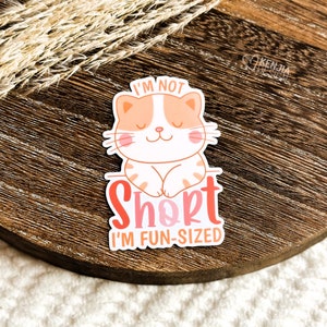 May include: A sticker featuring a cute cartoon cat and the text "I'm not short, I'm fun-sized".