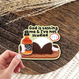 May include: A die-cut sticker featuring a brown bottle of whiskey next to a fluffy, dark brown and white creature with paws. The text reads, God is testing me & I've not studied, accompanied by a red speech bubble with three blue dots.