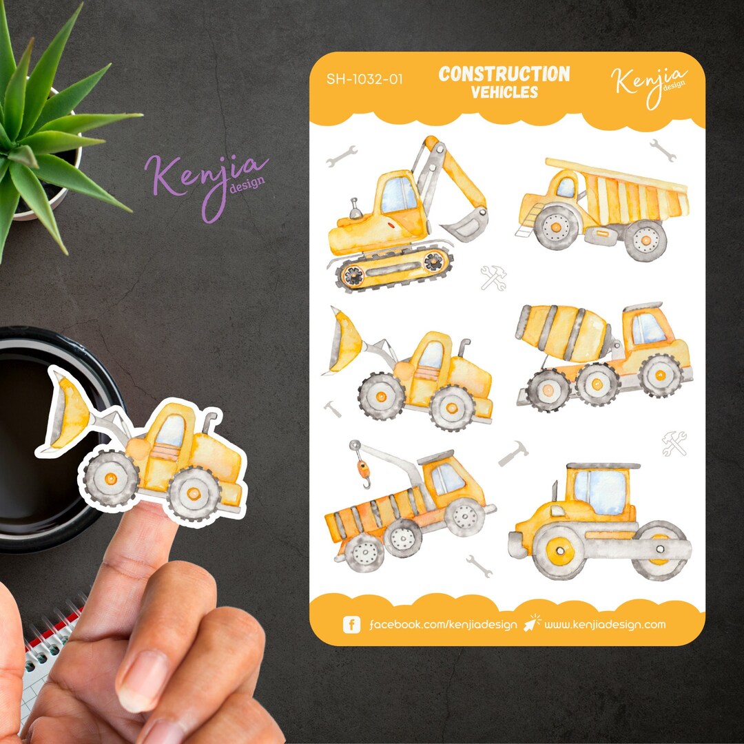 Construction Vehicles Sticker Sheet Truck, Handmade Cute Vinyl Sticker