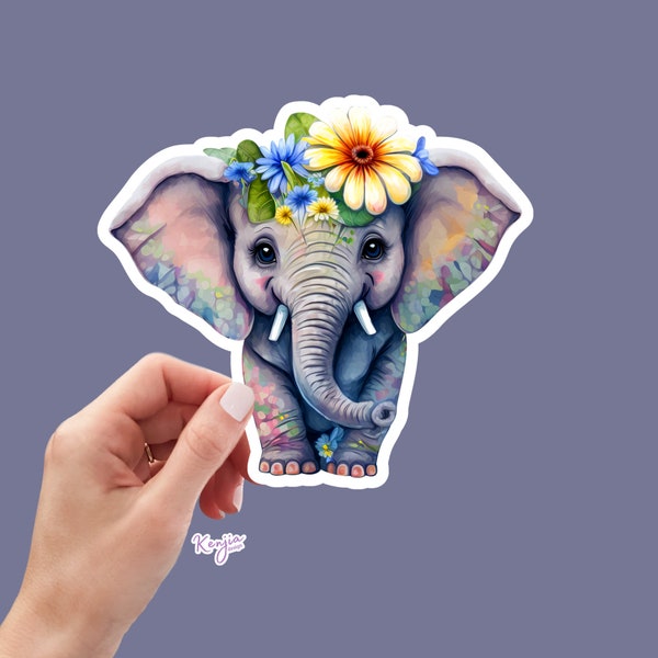 Cute handmade Vintage Baby Elephant Sticker with flowers and Watercolor Effect in Vinyl, Waterproof for planner, book , laptop stickers