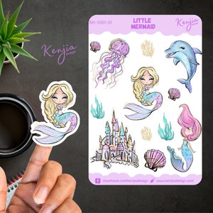 Belle feuille d'autocollants de sirène avec la mer de méduses, autocollant en vinyle mignon fait main pour des autocollants de cadeau, d'agenda, de livre et d'ordinateur portable