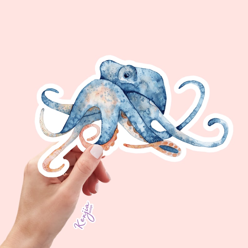 May include: A blue and orange watercolor octopus sticker with a white outline. The octopus has eight tentacles and is curled up in a relaxed pose.