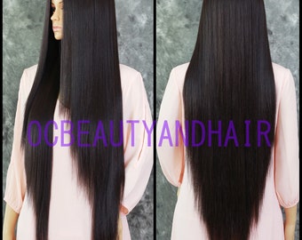 Human Hair Blend Extra Long Layered Flat Straight Heat Safe Lace Front Dark Brown Wig with Baby Hair