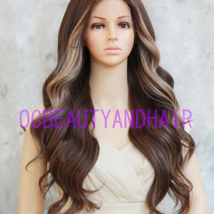 Human Hair Blend Long Body Waves Curly Heat Safe Lace Front Daily Fashion Wig Medium Brown highlighted w Light Blonde