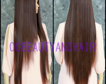 Human Hair Blend Extra Long Flat Straight Heat Safe Lace Front Daily Fashion Dark Brown w/ Strawberry Blonde n Light Auburn Highlights Wig