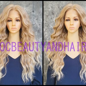 Human Hair Blend Long Body Waves Curly Full Volume Heat Safe Lace Front Daily Fashion Wig Strawberry Blonde mixed/tipped with Light Blonde