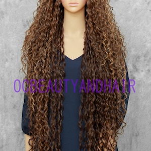 Extra Long Spiral Curly Full Volume Heat Safe Lace Front Human Hair Blend Daily Fashion Wig Light Brown with Blonde Highlights
