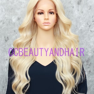 Human Hair Blend Long Body Waves Curly Heat Safe Lace Front Daily Fashion Wig Light Blonde