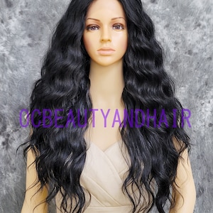 Human Hair Blend Long Body Waves Curly Full Volume Heat Safe Lace Front Daily Fashion Wig Black