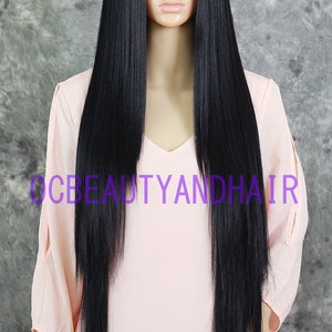 Human Hair Blend Extra Long Layered Cut Flat Straight Heat Safe Lace Front Daily Fashion Black Wig with Baby Hair