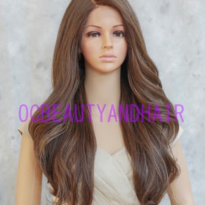 Long Natural Straight w/ Loose Curls Tips Human Hair Blend Wig Heat Safe Lace Front Wig Light Brown w/ Strawberry n Light Blonde Highlights