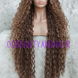 Light Brown with Blonde Highlights Extra Long Spiral Curly Full Volume Heat Safe Lace Front Human Hair Blend Daily Fashion Wig