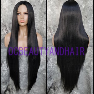 Extra Long Layered Flat Straight Black Heat Safe Human Hair Blend Lace Front Daily Fashion Wig with Baby Hair