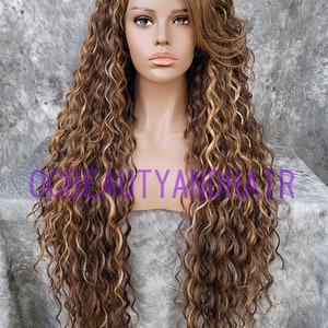 Extra Long Deep Waves Curly Heat Safe Lace Front Human Hair Blend Daily Fashion Wig Light Brown with Blonde Highlights