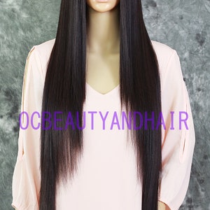 Human Hair Blend Extra Long Layered Flat Straight Heat Safe Lace Front Dark Brown Wig with Baby Hair